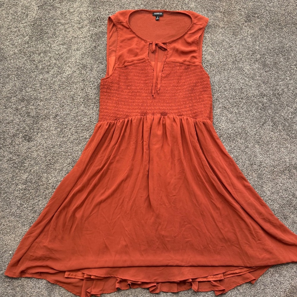 Torrid Womens Plus Size 2 Rust Orange Smocked Chiffon Keyhole Tie Mini Dress